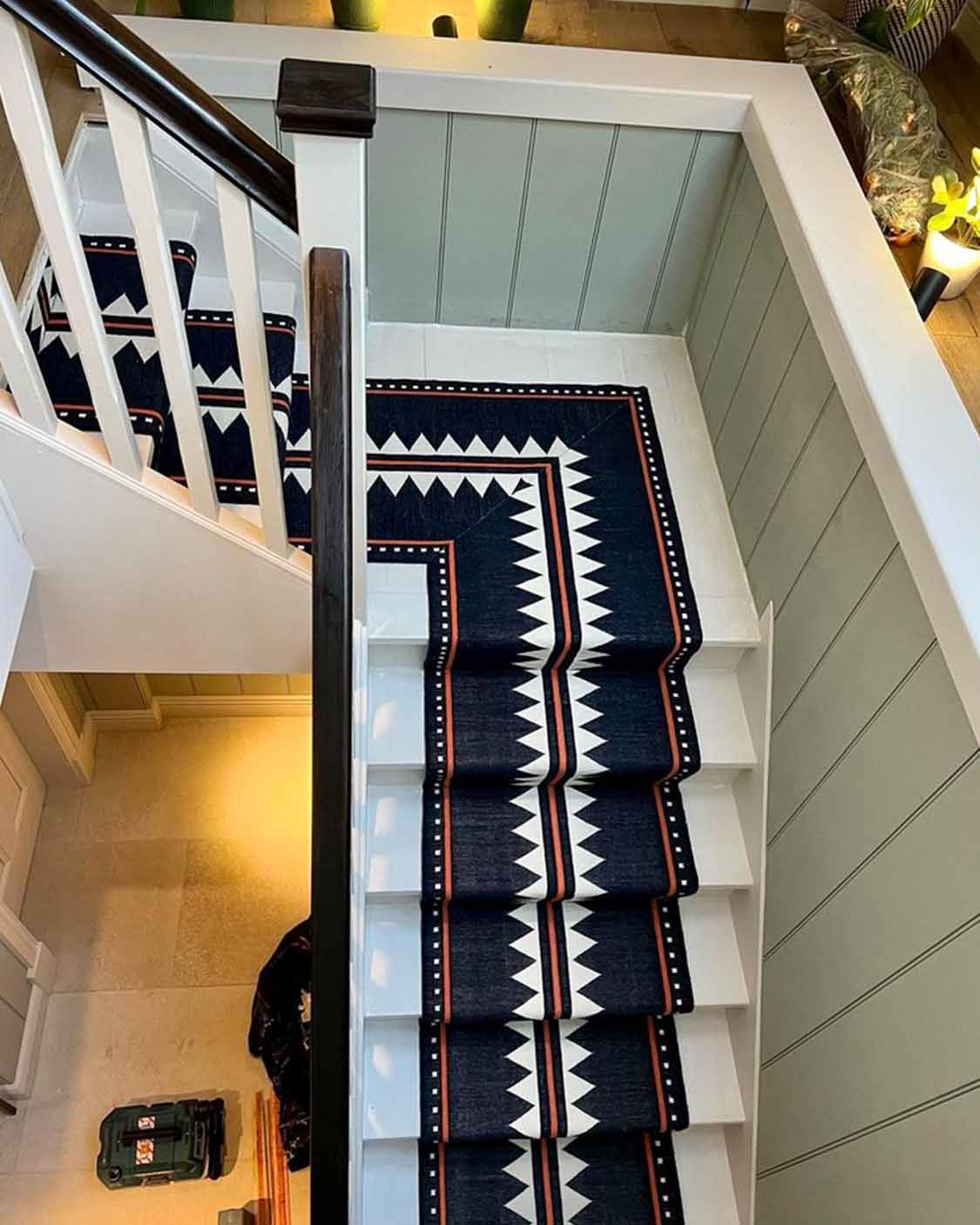 Geometric Stair Runner in Black, White, and Red by Sophie Cooney